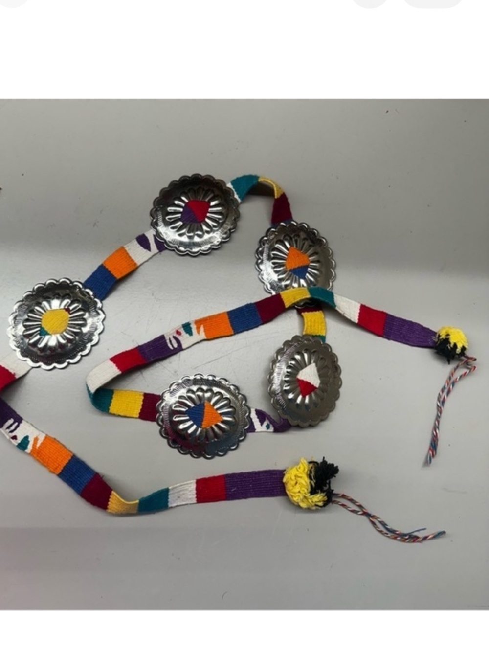 Vintage 1980s Multicolor Woven Concho Belt Southwestern Western Boho 52"